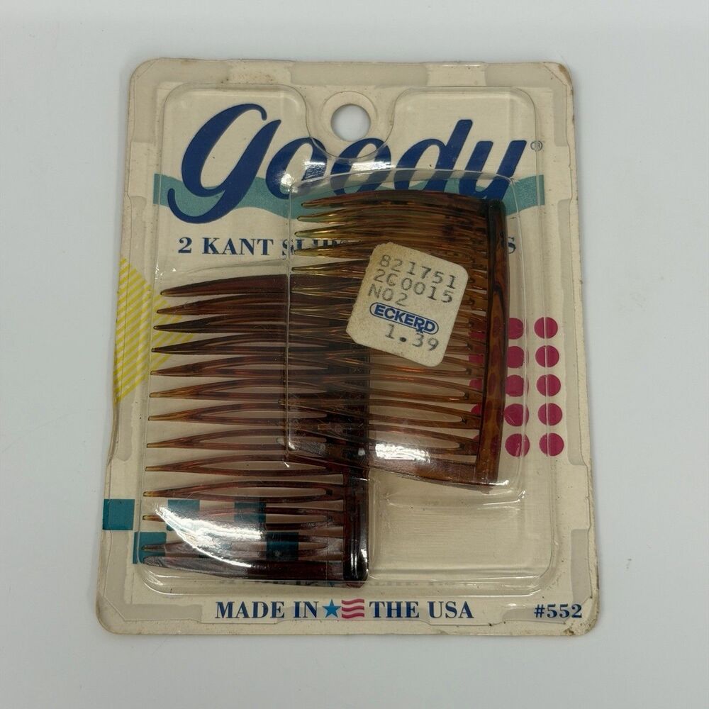 VTG 1989 Goody Kant-Slip Side Combs #552 Tortoise Brown 2 Pc NOS USA Sealed